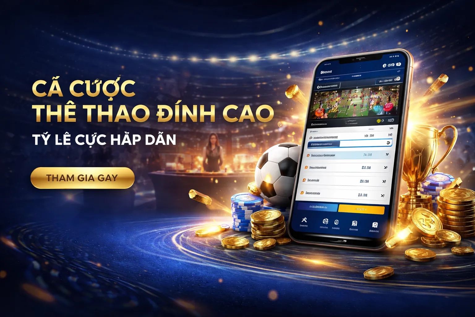 Sân vận động với ánh sáng vàng rực rỡ và các biểu tượng cá cược thể thao, thể hiện sự sôi động và chuyên nghiệp của Keobong 88